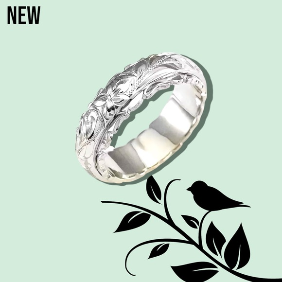 New Silver Plated Unisex Elegant Craved Flower Pattern Band Ring - Picture 1 of 9